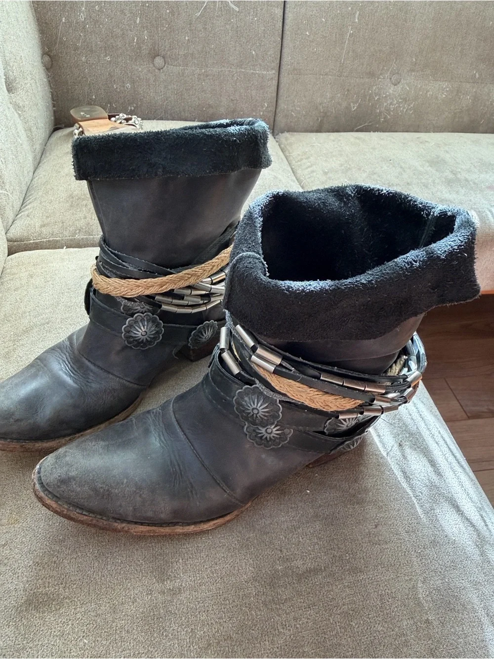 Yerba Embellished Ankle Boot with concho belt & Rope Accents distressed western